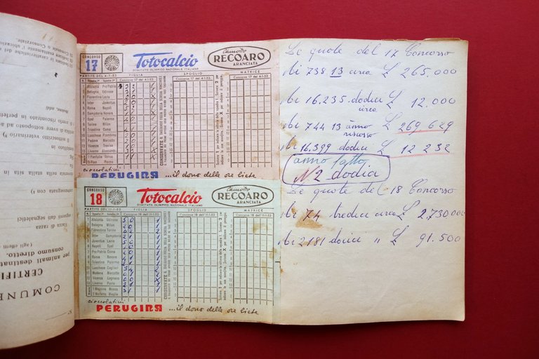 Totocalcio Concorso 1952-53 38 Schedine dal 14/9/1952 al 31/5/1953 Vincite …