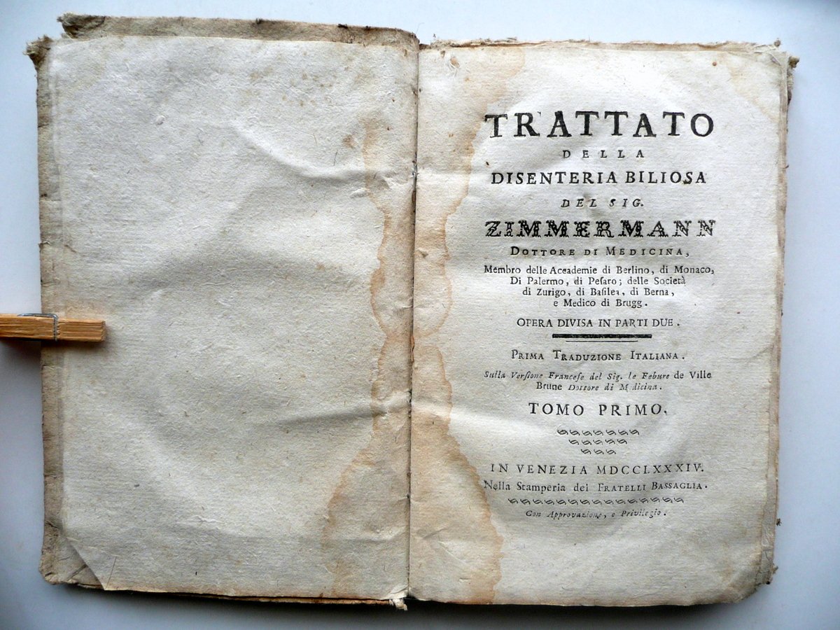 Trattato della Dissenteria Biliosa Zimmermann Bassaglia Venezia 1874 Tomo Primo