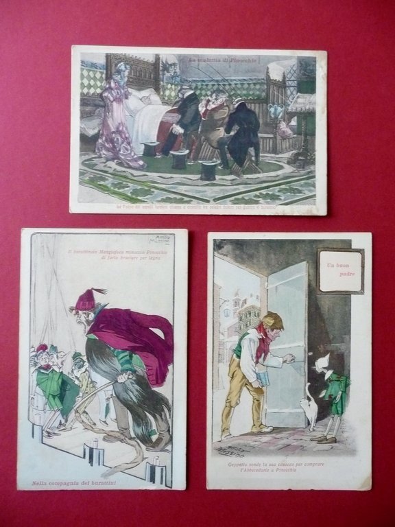 Tre Cartoline Le Avventure di Pinocchio Attilio Mussino Bemporad Anni '20