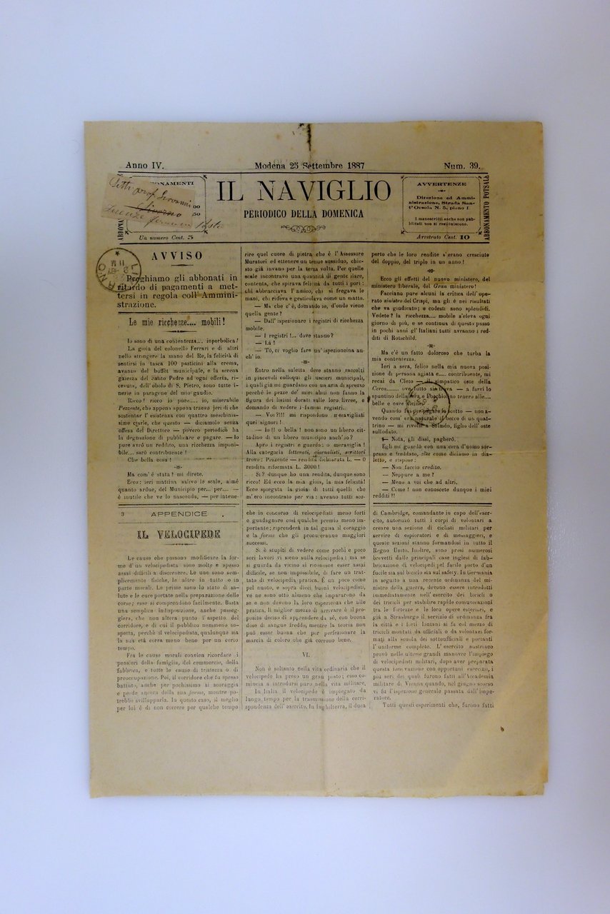 Trionfo del Velocipede Il Naviglio Periodico Modena 25/9/1887 Completo | Immagine principale
