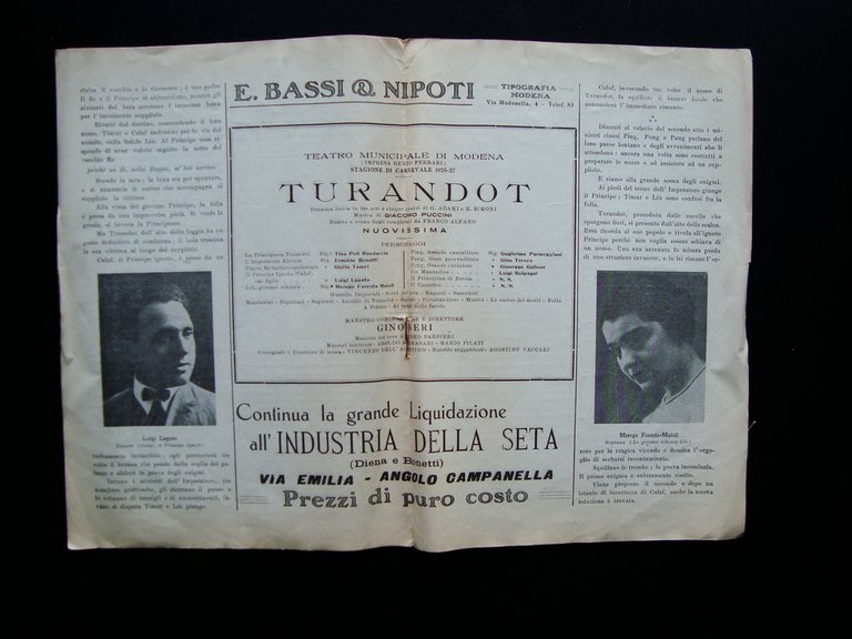 Turandot Giacomo Puccini 1927 Teatro Municipale Modena Bassi e Nipoti …