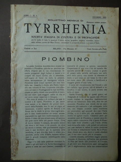 Tyrrhenia 1925 Piombino Pontenuovo Corsica Malta Sardegna Autonomismo