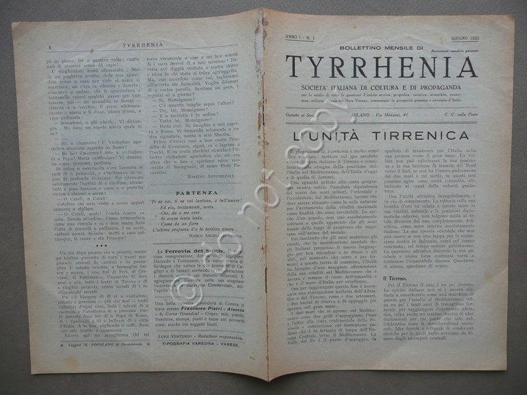 Tyrrhenia Bollettino Anno I N.1 1925 Elba Sistema Sardo Corso … | Immagine Gallery 1