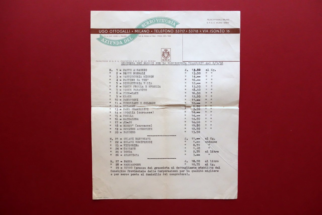 Ugo Ottogalli Milano Burro Vittoria Distinta Prezzi Pasticceria Campari 1938 | Immagine principale