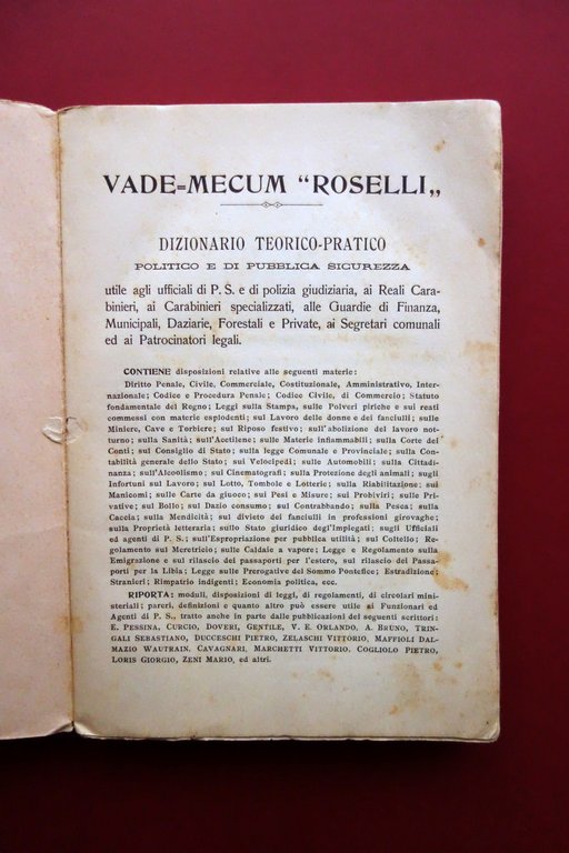 Vademecum Roselli Dizionario Teorico Pratico Politico di Pubblica Sicurezza 1924