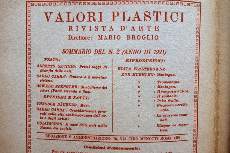 Valori Plastici Rivista d'Arte Anno III Num. 2 Roma 1921 …