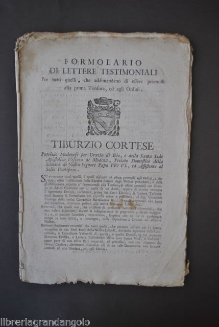 Vescovo Modena Tiburzio Cortese Ordinandi Sacerdozio Tonsura Ordini Norme 1790