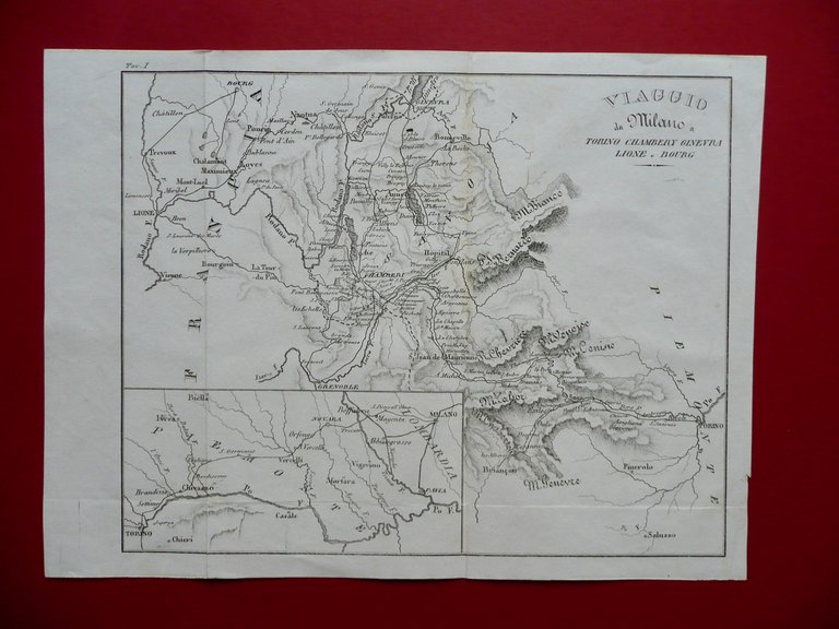 Viaggio da Milano a Torino Chambery Ginevra Lione Bourg Carta Incisione '800