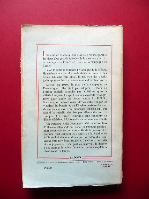 Victoires Perdues Marechal Von Manstein Plon 1962 WW2 Guerra Fronte …
