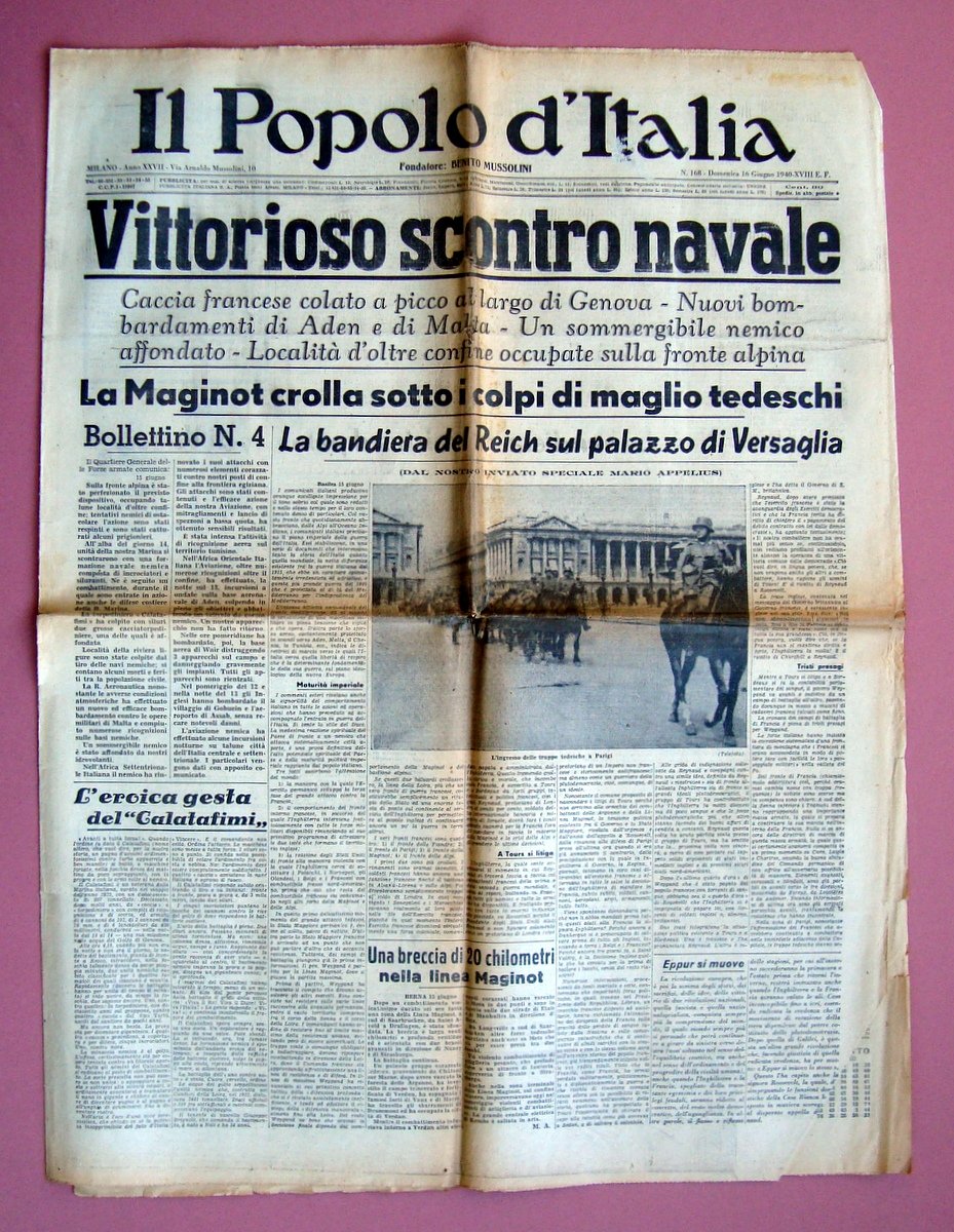 Vittorioso scontro navale Reich Palazzo Versaglia Il Popolo d'Italia 16/6/1940