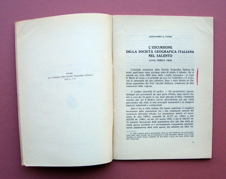 Vlora Alessandro L'Escursione della Societ‡ Geografica Italiana nel Salento 1965