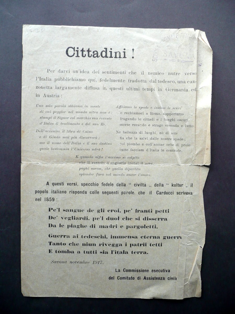 Volantino Cittadini! Savona Novembre 1917 Propaganda WW1 Assitenza Civile | Immagine principale