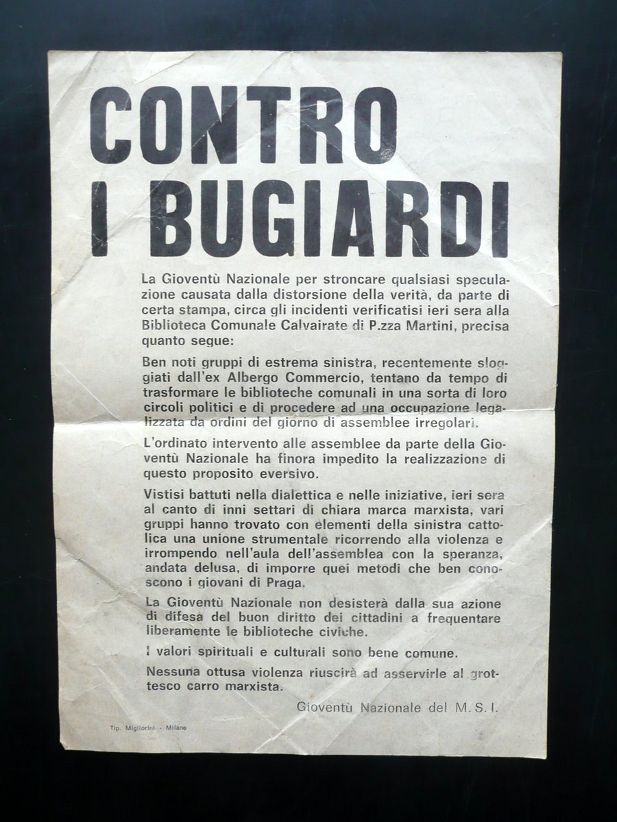 Volantino Contro i Bugiardi Giovent˘ Nazionale MSI Calvairate Milano Politica