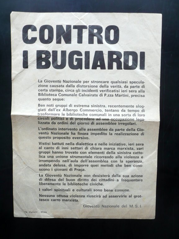 Volantino Contro i Bugiardi Giovent˘ Nazionale MSI Calvairate Milano Politica