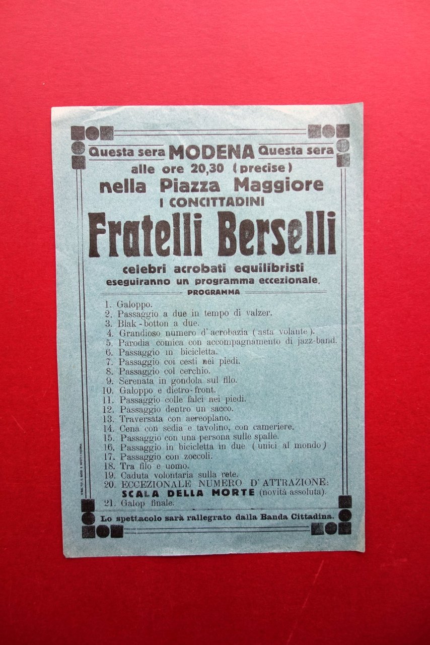 Volantino Fratelli Berselli Acrobati Equilibristi Modena Programma Primo '900 | Immagine principale