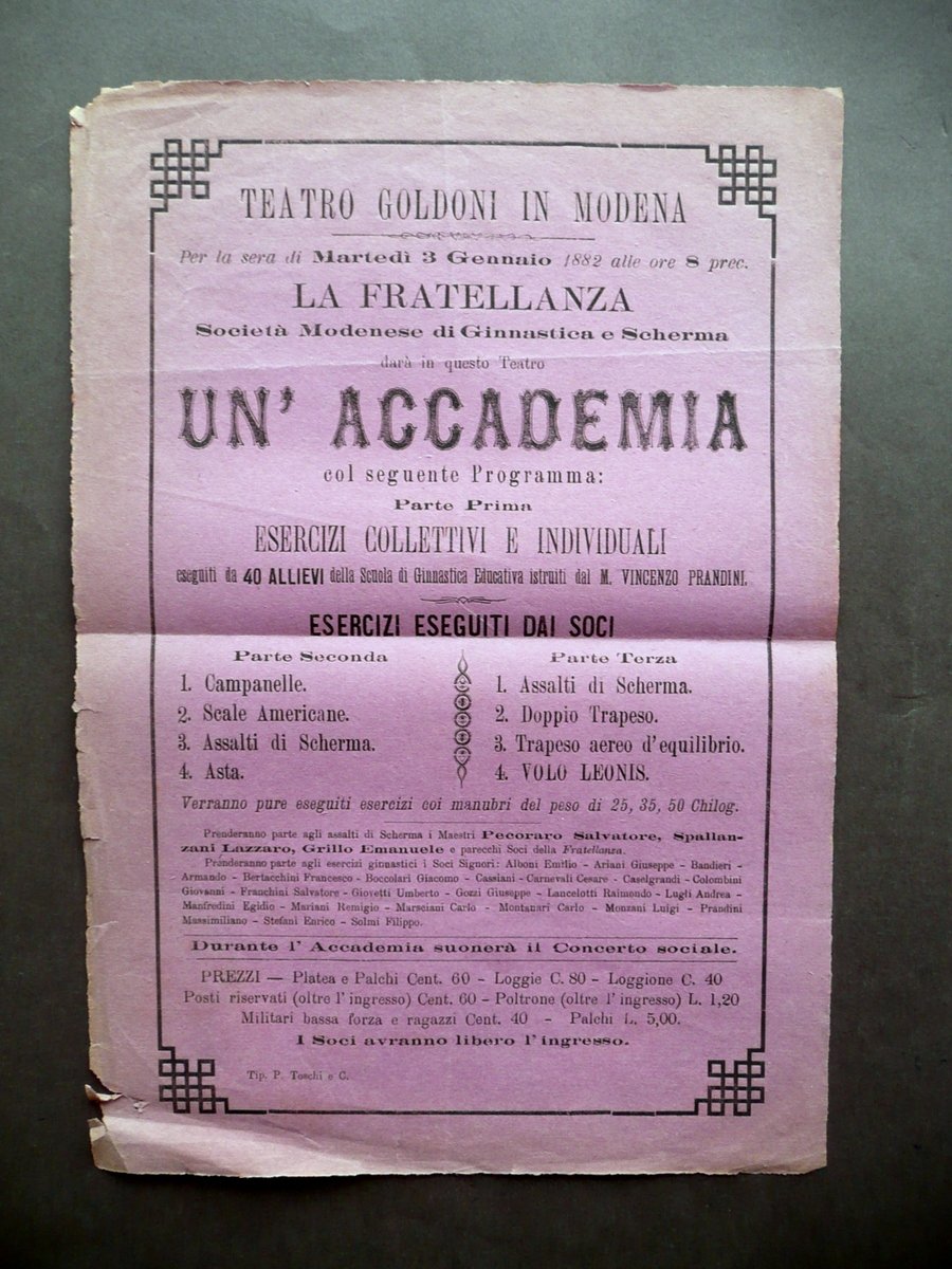Volantino La Fratellanza Esercizi Ginnastica Trapezio Volo Teatro Goldoni 1882