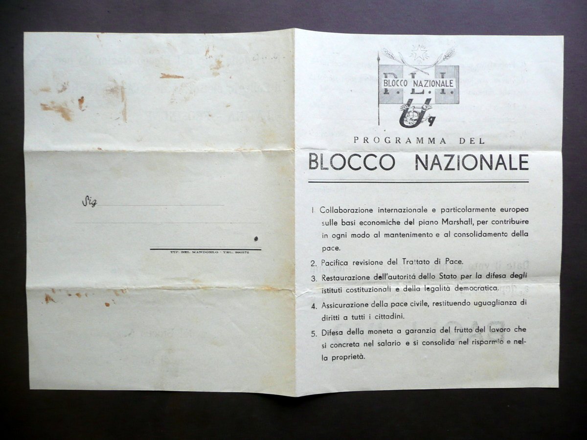 Volantino Politico Blocco Nazionale PLI Uomo Qualunque Programma Bagli Ivo … | Immagine principale