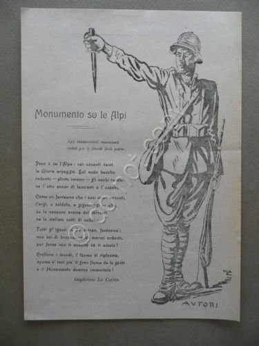 Volantino Prima Guerra Mondiale Monumento su le Alpi Caduti Lo Curzio Poesia