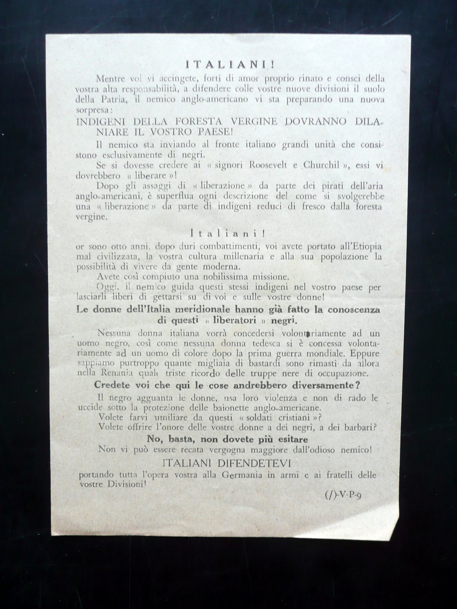 Volantino Propagandistico WW2 RSI Occupazione Truppe di Colore Alleati 1943-44