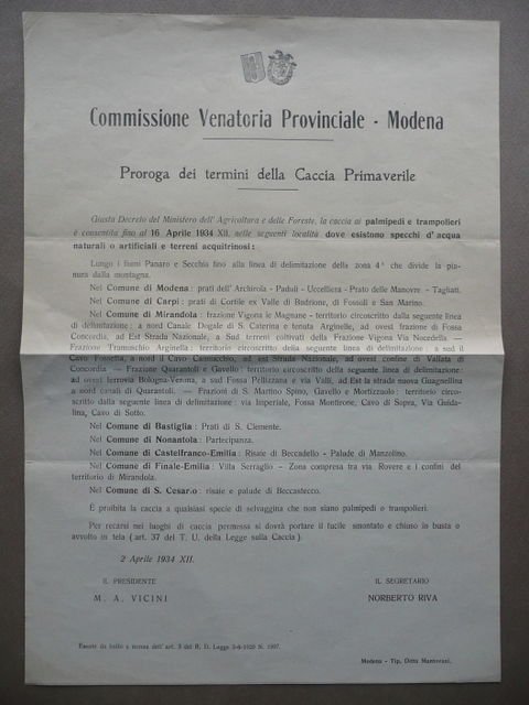 Volantino Proroga Caccia Primaverile Modena Palmipedi Trampolieri 1934 Mantovani