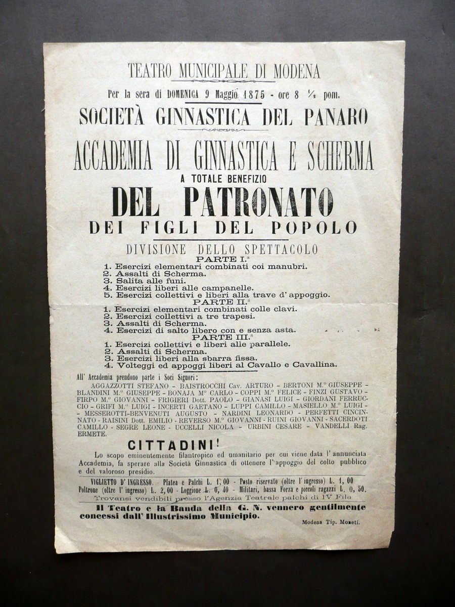 Volantino Societ‡ Ginnastica Panaro Modena Esercizi Teatro Municipale 1875