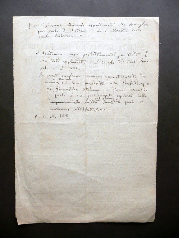 Volantino Societ‡ Ginnastica Panaro Modena Esercizi Teatro Municipale 1875