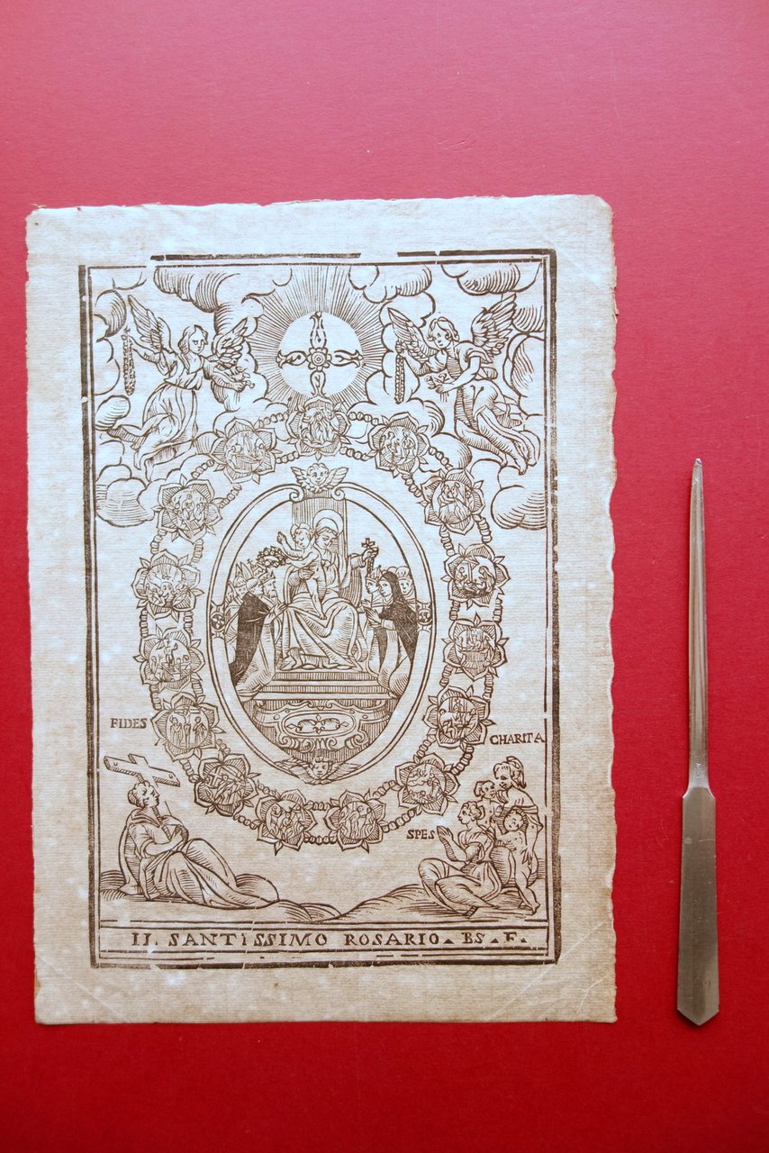 Xilografia Popolare Il Santissimo Rosario Sigla BS XVII Secolo Originale