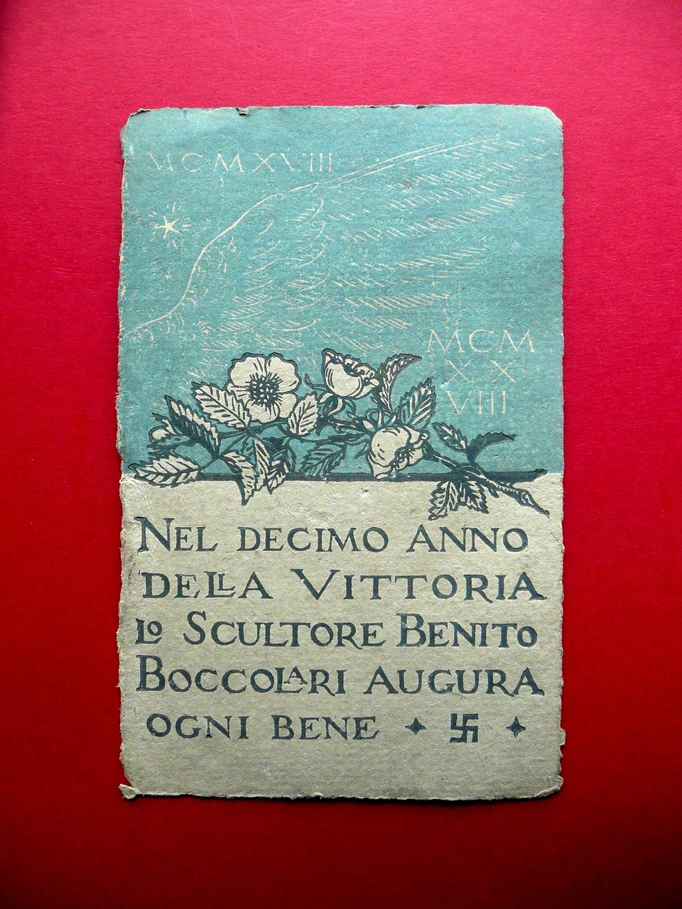 Xilografia su Cartoncino Anniversario Vittoria Guerra WW1 Benito Boccolari 1928