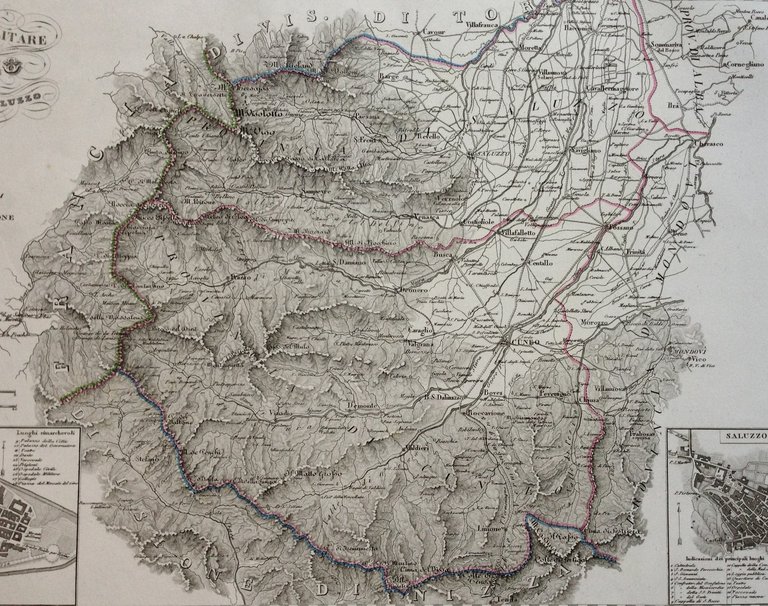 Zuccagni Orlandini Acquaforte Originale 1840 Atlante Geografico Cuneo Saluzzo