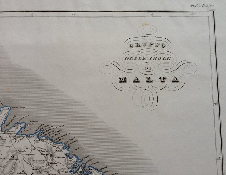 Zuccagni Orlandini Acquaforte Originale 1840 Atlante Geografico Isole di Malta