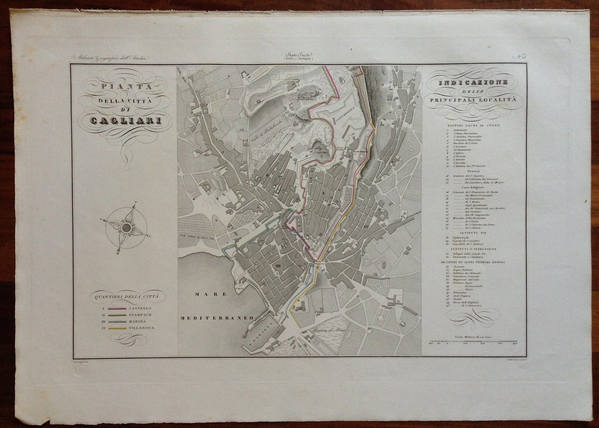 Zuccagni Orlandini Acquaforte Originale 1840 Atlante Geografico Pianta Cagliari