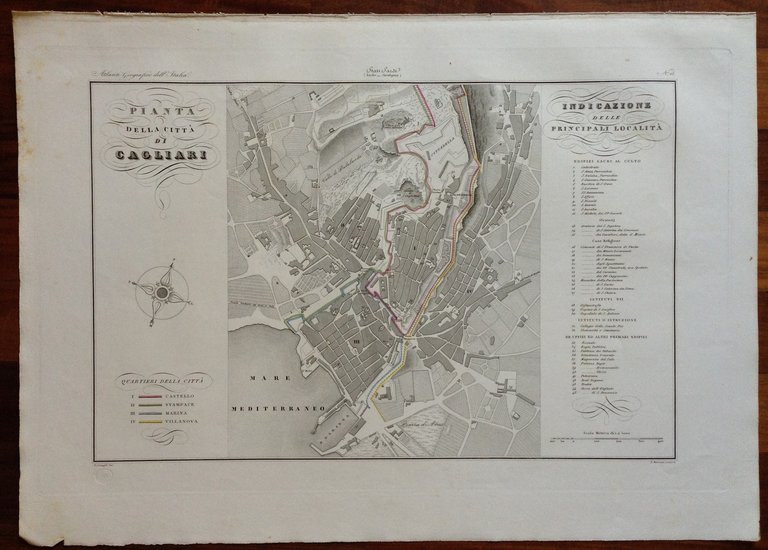 Zuccagni Orlandini Acquaforte Originale 1840 Atlante Geografico Pianta Cagliari