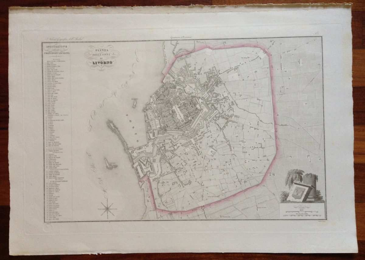 Zuccagni Orlandini Acquaforte Originale 1840 Atlante Geografico Pianta Livorno