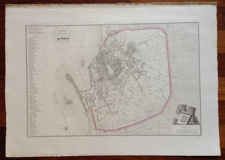 Zuccagni Orlandini Acquaforte Originale 1840 Atlante Geografico Pianta Livorno