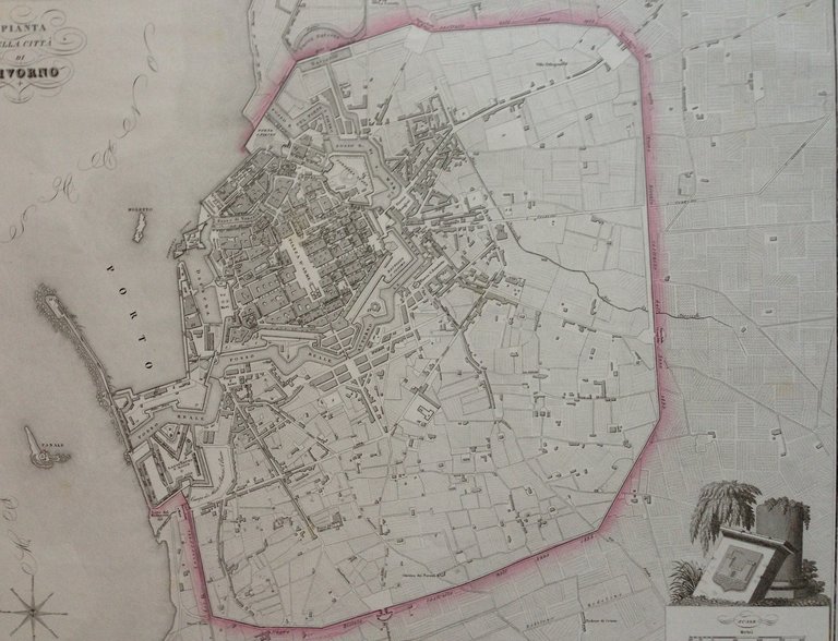 Zuccagni Orlandini Acquaforte Originale 1840 Atlante Geografico Pianta Livorno