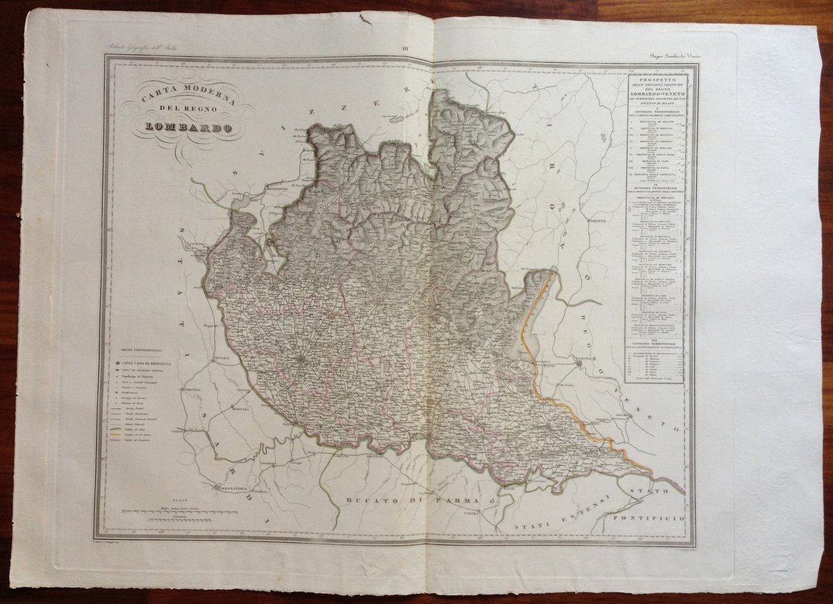 Zuccagni Orlandini Acquaforte Originale 1840 Atlante Geografico Regno Lombardo