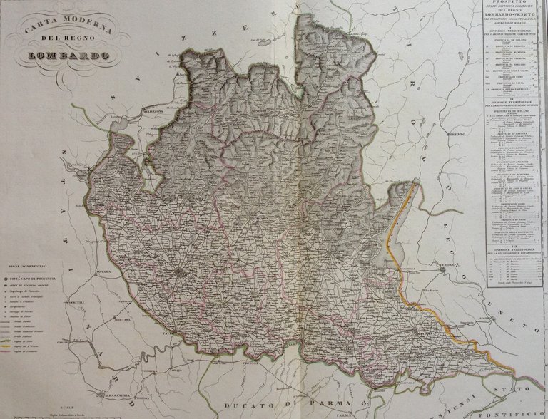 Zuccagni Orlandini Acquaforte Originale 1840 Atlante Geografico Regno Lombardo