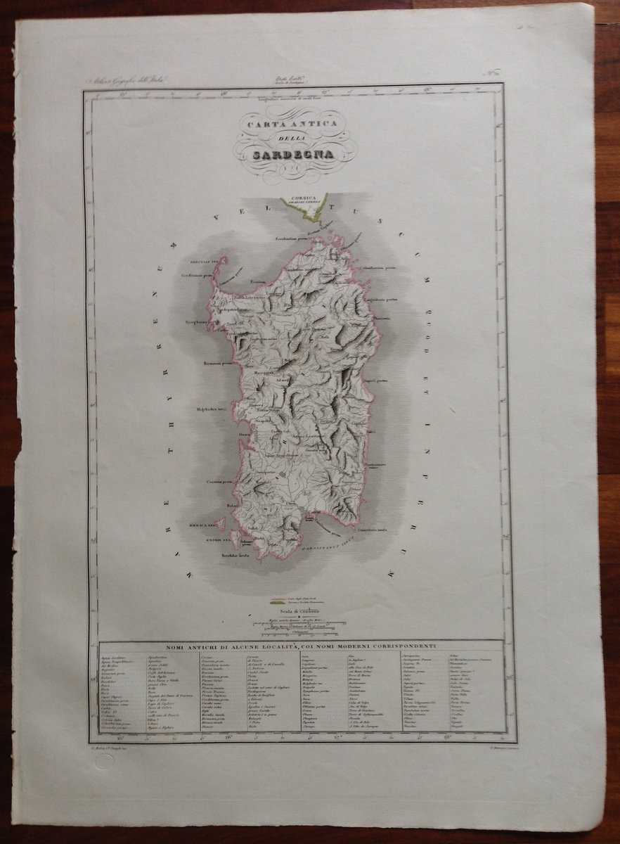 Zuccagni Orlandini Acquaforte Originale 1840 Atlante Geografico Sardegna Antica