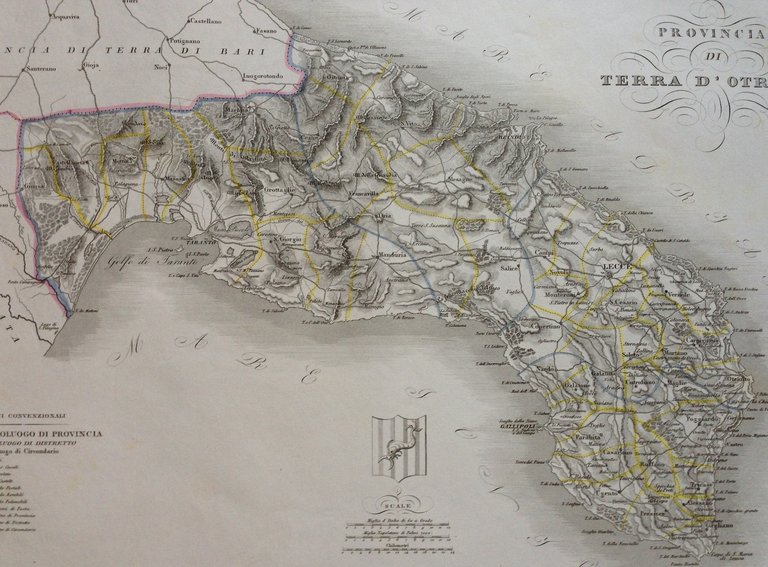 Zuccagni Orlandini Acquaforte Originale 1840 Atlante Geografico Terra d'Otranto