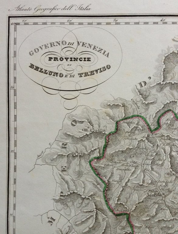 Zuccagni Orlandini Acquaforte Originale 1840 Atlante Geografico Treviso Belluno
