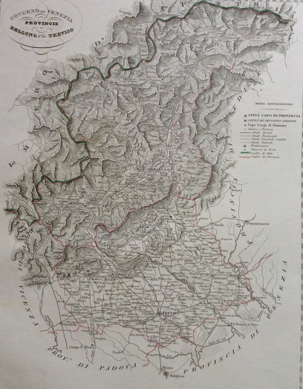 Zuccagni Orlandini Acquaforte Originale 1840 Atlante Geografico Treviso Belluno
