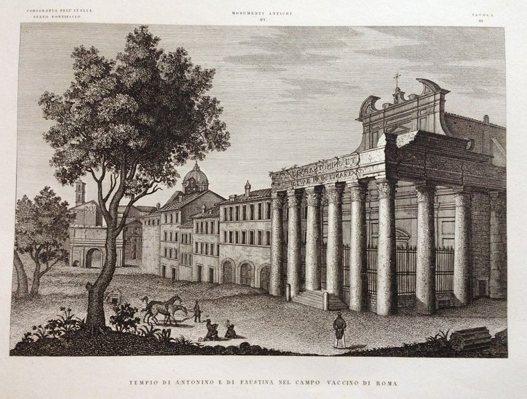 Zuccagni Orlandini Acquaforte Originale 1840 Atlante Tempio Antonino Campo Roma