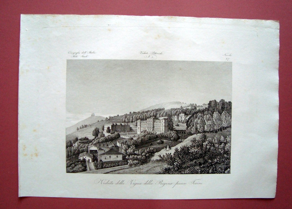Zuccagni Orlandini acquaforte originale 1840 Torino Vigna della Regina