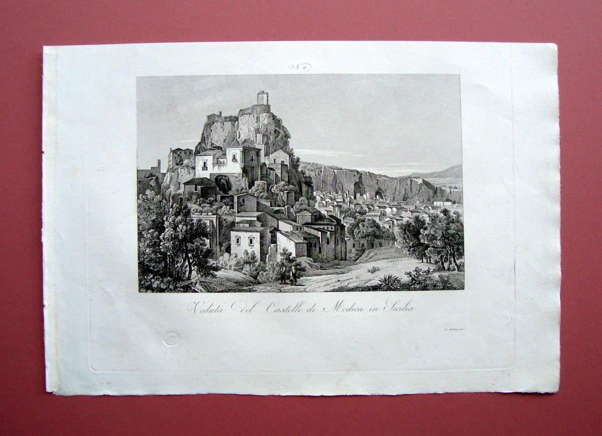 Zuccagni Orlandini acquaforte originale 1844 Atlante Geografico Castello Modica