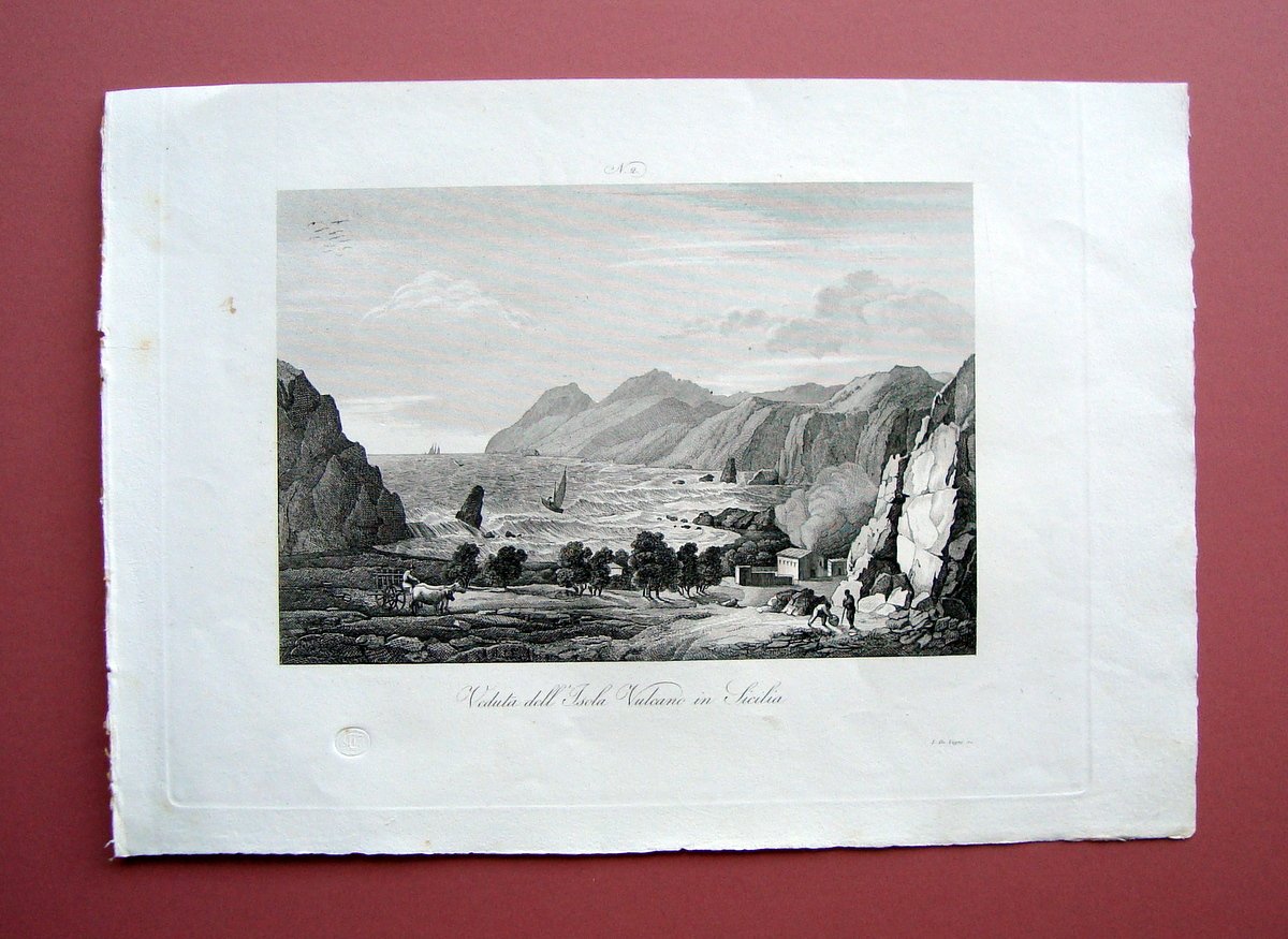 Zuccagni Orlandini acquaforte originale 1844 Atlante Geografico Isola Vulcano