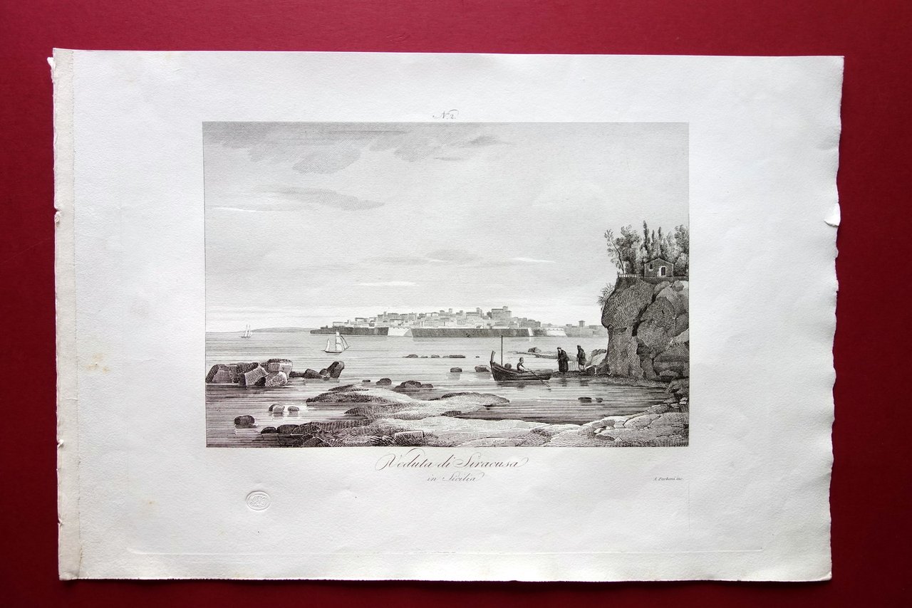 Zuccagni Orlandini acquaforte originale 1844 Atlante Geografico Siracusa Sicilia