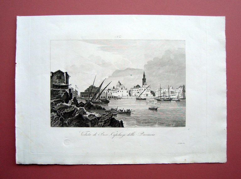 Zuccagni Orlandini acquaforte originale 1844 Atlante Geografico Veduta Bari