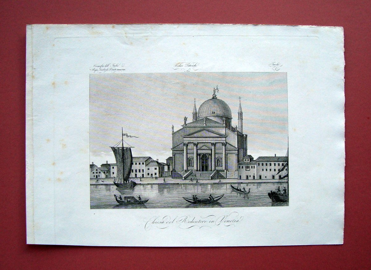Zuccagni Orlandini Chiesa del Redentore in Venezia 1844 acquaforte originale