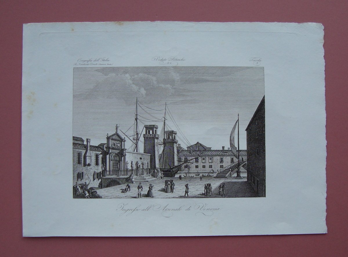 Zuccagni Orlandini Ingresso all'Arsenale di Venezia 1844 acquaforte originale