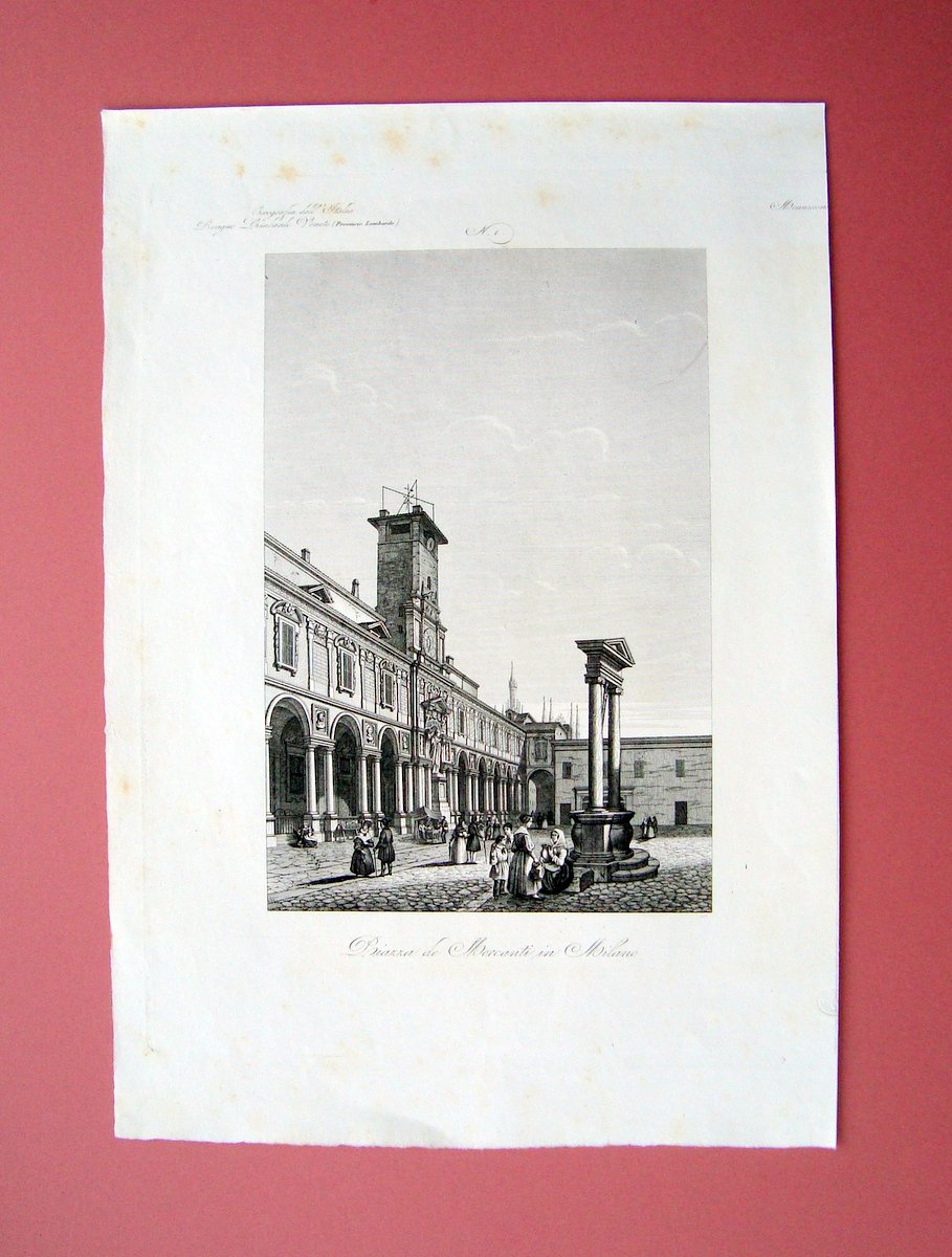 Zuccagni Orlandini Piazza de Mercanti in Milano 1844 acquaforte originale
